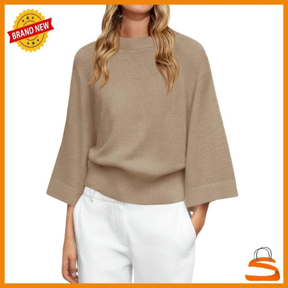 Soft Knit Batwing Sweater 3/4 Sleeve Crew Neck Loose Fit